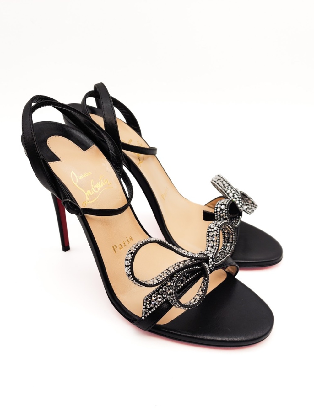 Christian Louboutin Leather Crystal Bow Ankle Strap Heels EU 37